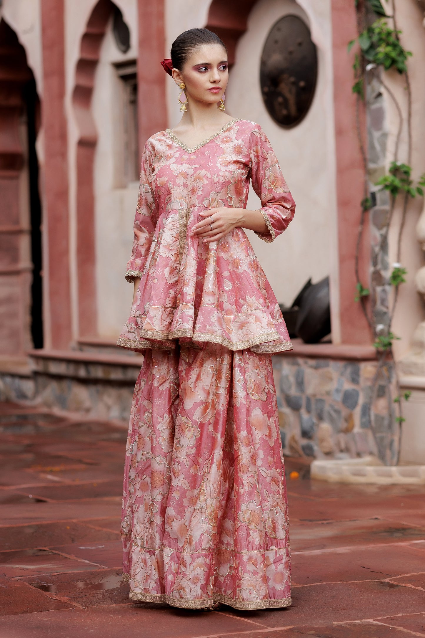 Blush Floral Peplum Sharara Set