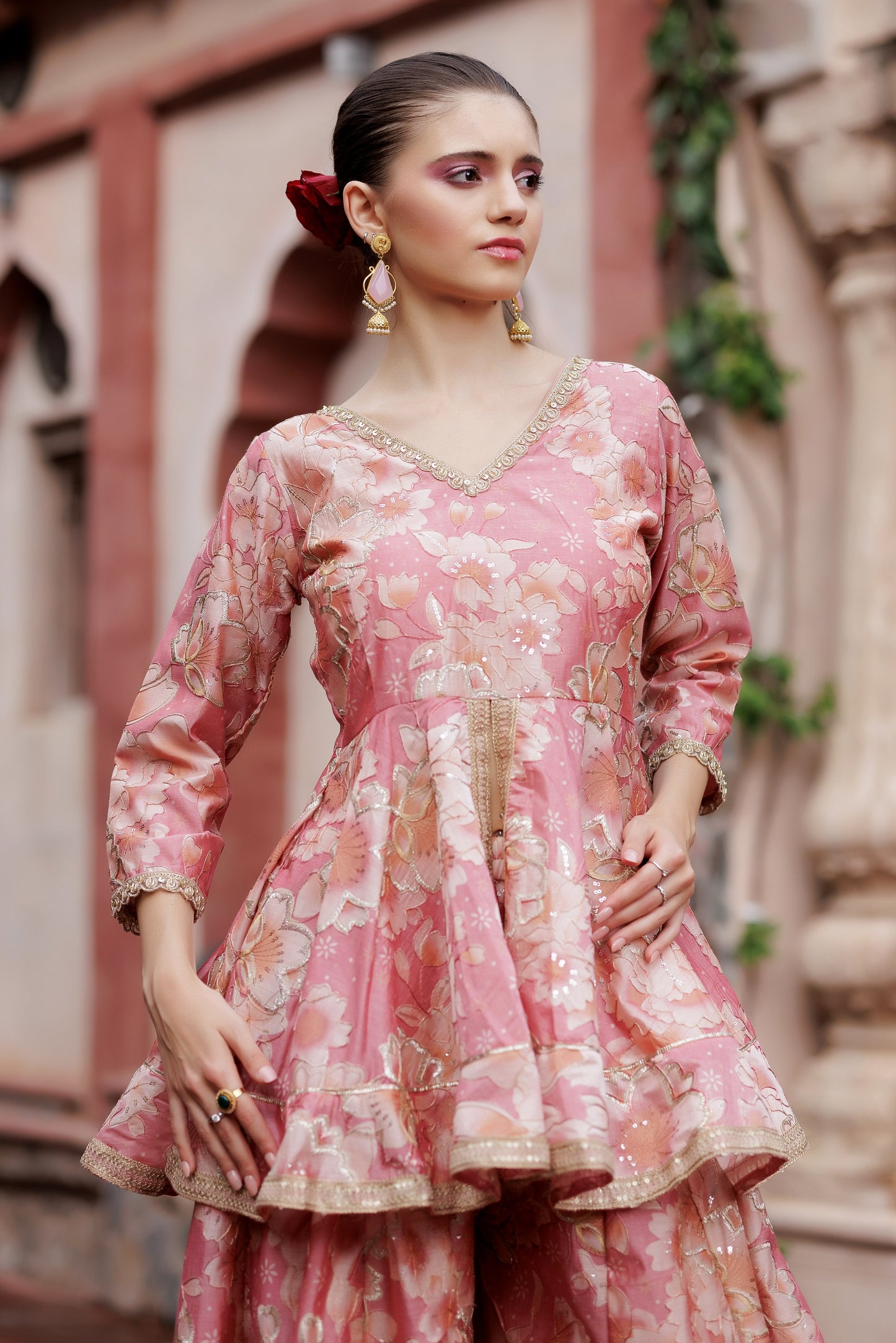 Blush Floral Peplum Sharara Set