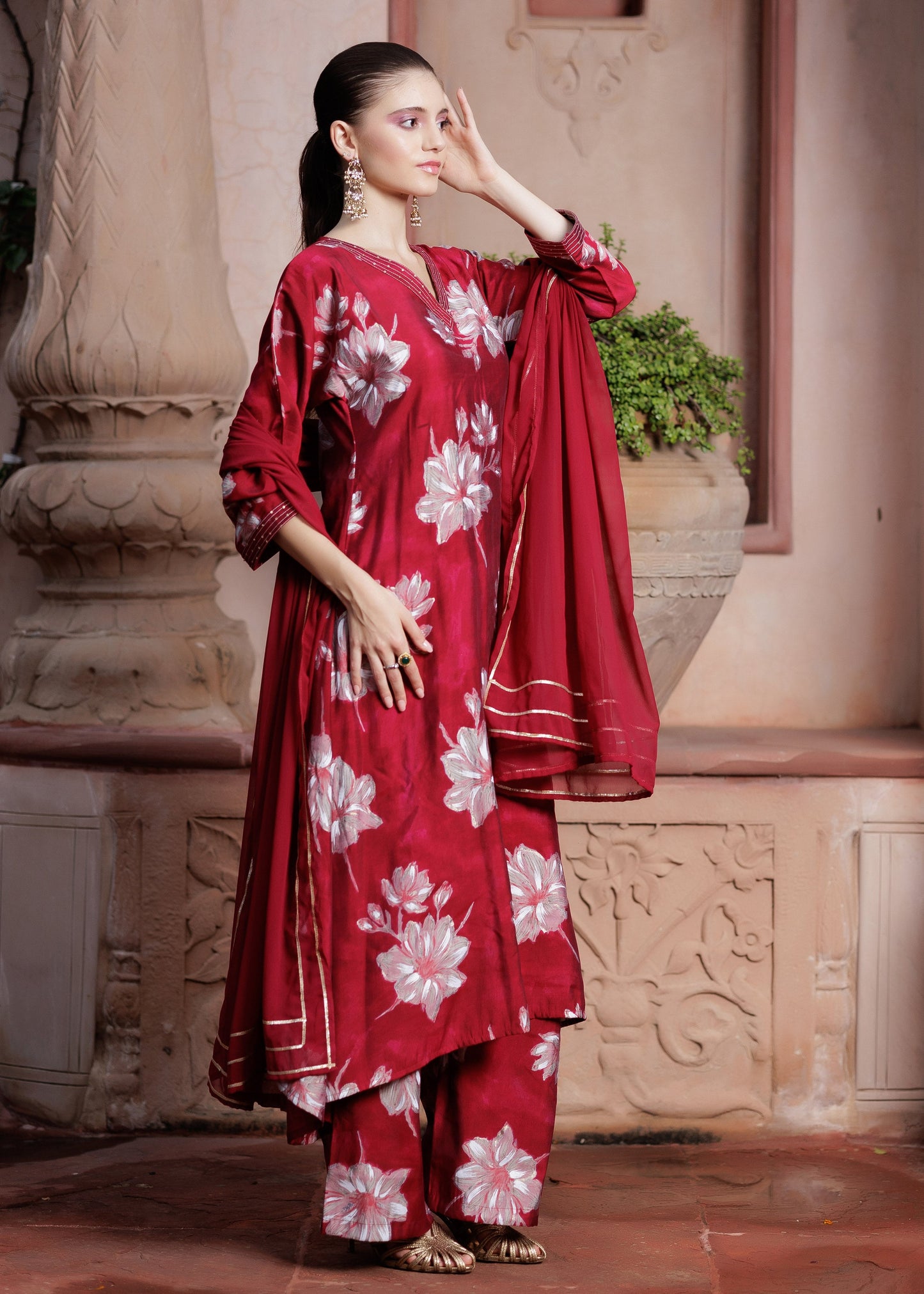 Scarlet Petal Embroidered Suit Ensemble
