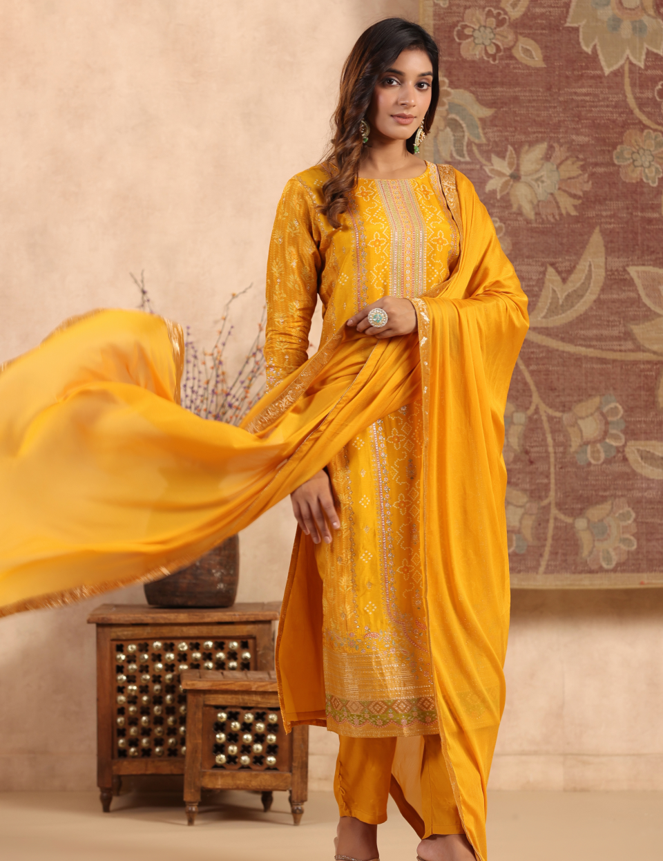 Gold Dola Silk with Position Print Dupatta Set