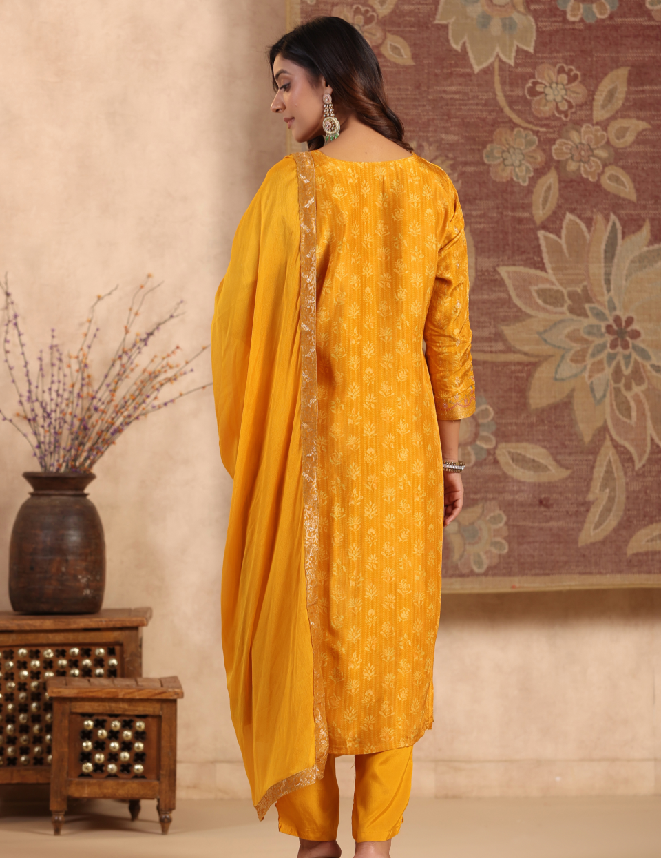 Gold Dola Silk with Position Print Dupatta Set