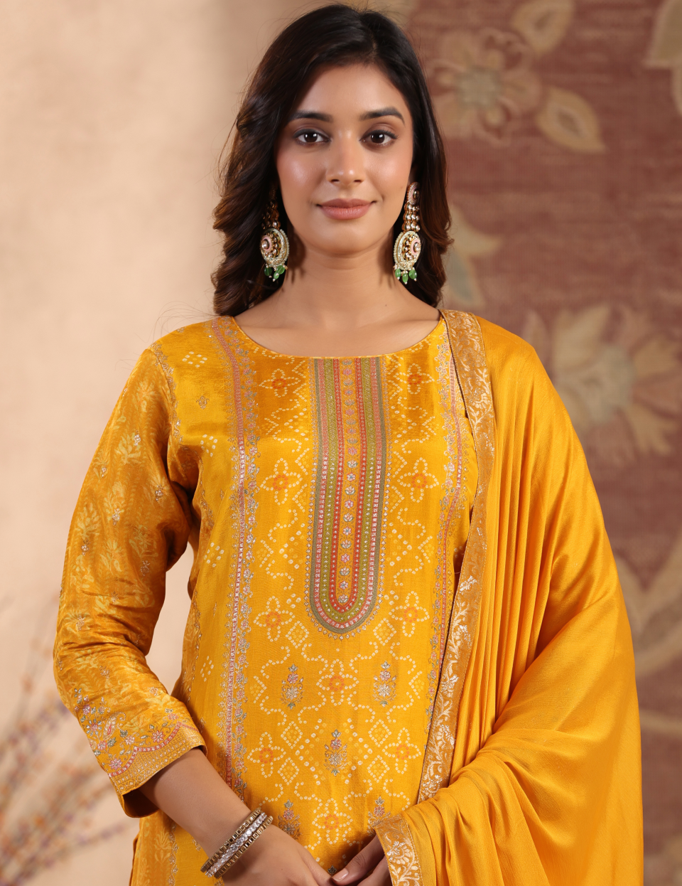 Gold Dola Silk with Position Print Dupatta Set
