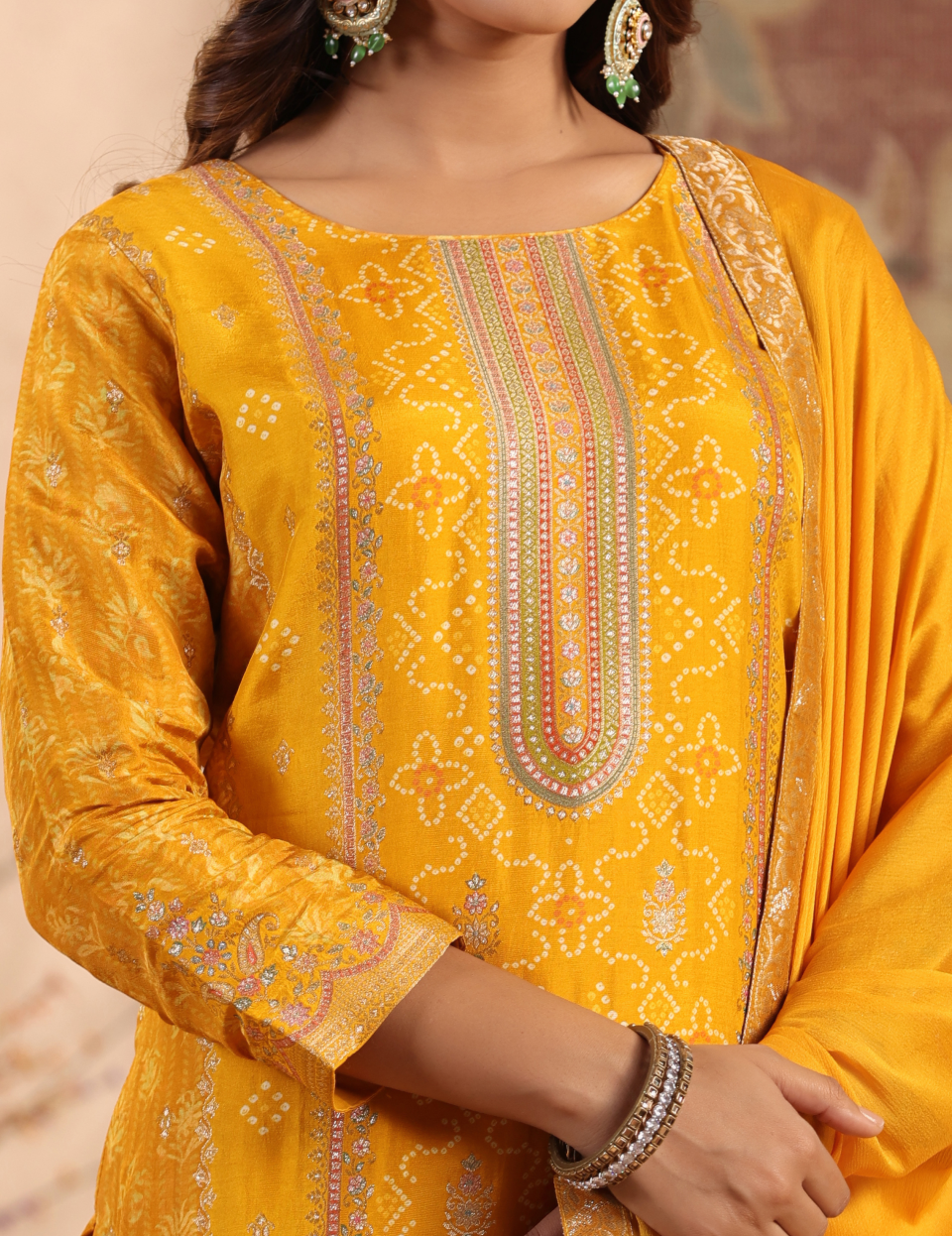 Gold Dola Silk with Position Print Dupatta Set