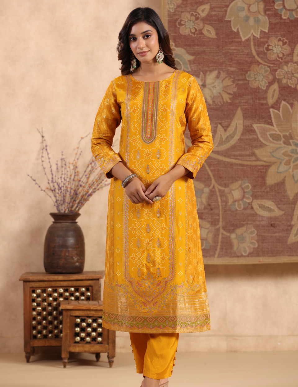 Gold Dola Silk with Position Print Dupatta Set