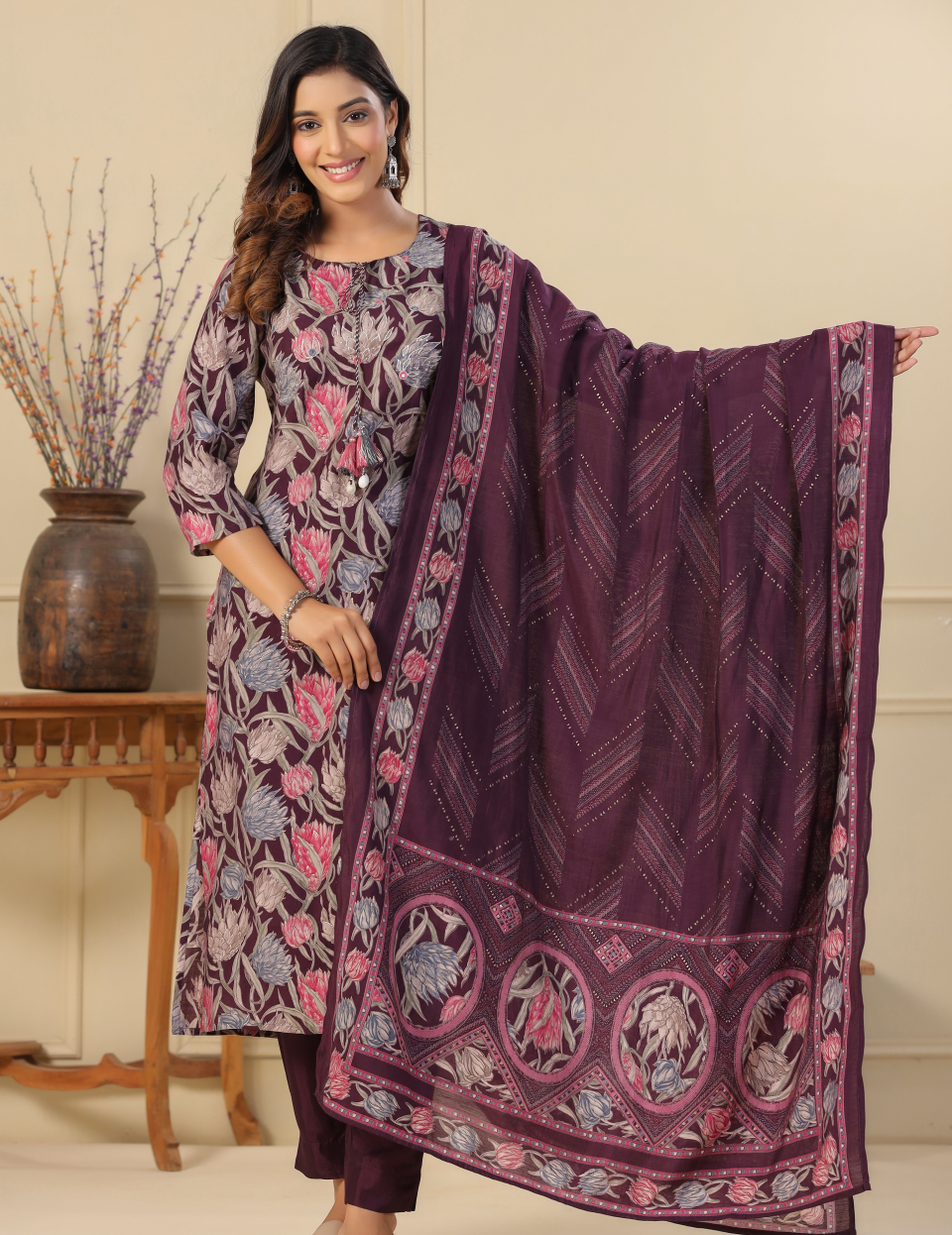 Wine Modal Dupatta Set