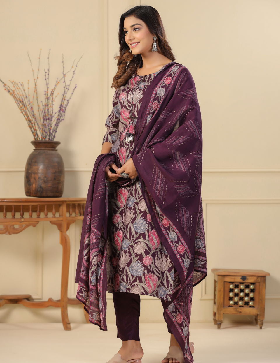 Wine Modal Dupatta Set