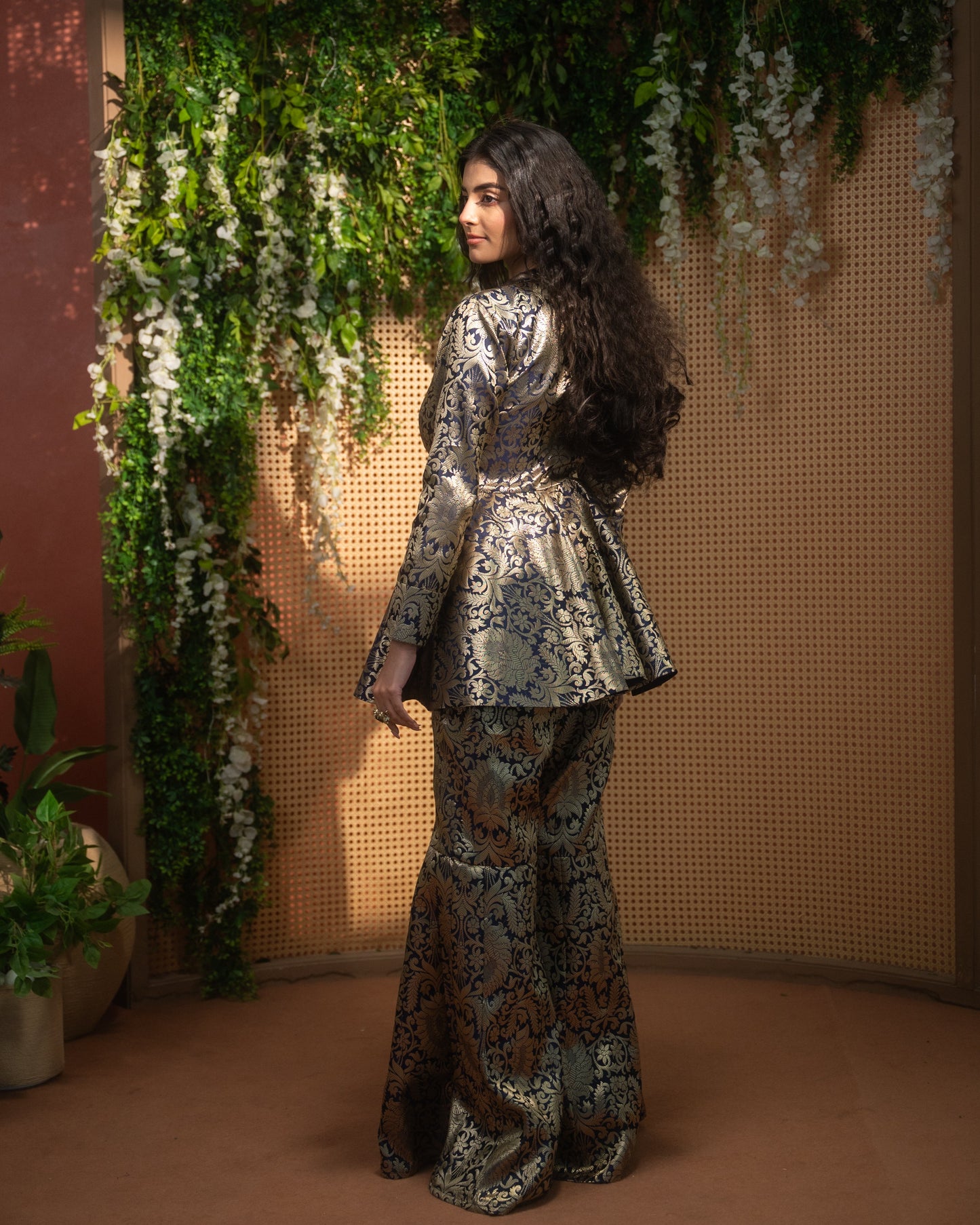 Brocade Indo-Western peplum top with flared pants