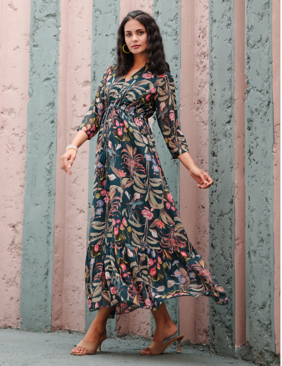 Blue Floral Printed Chiffon with Lining Gown