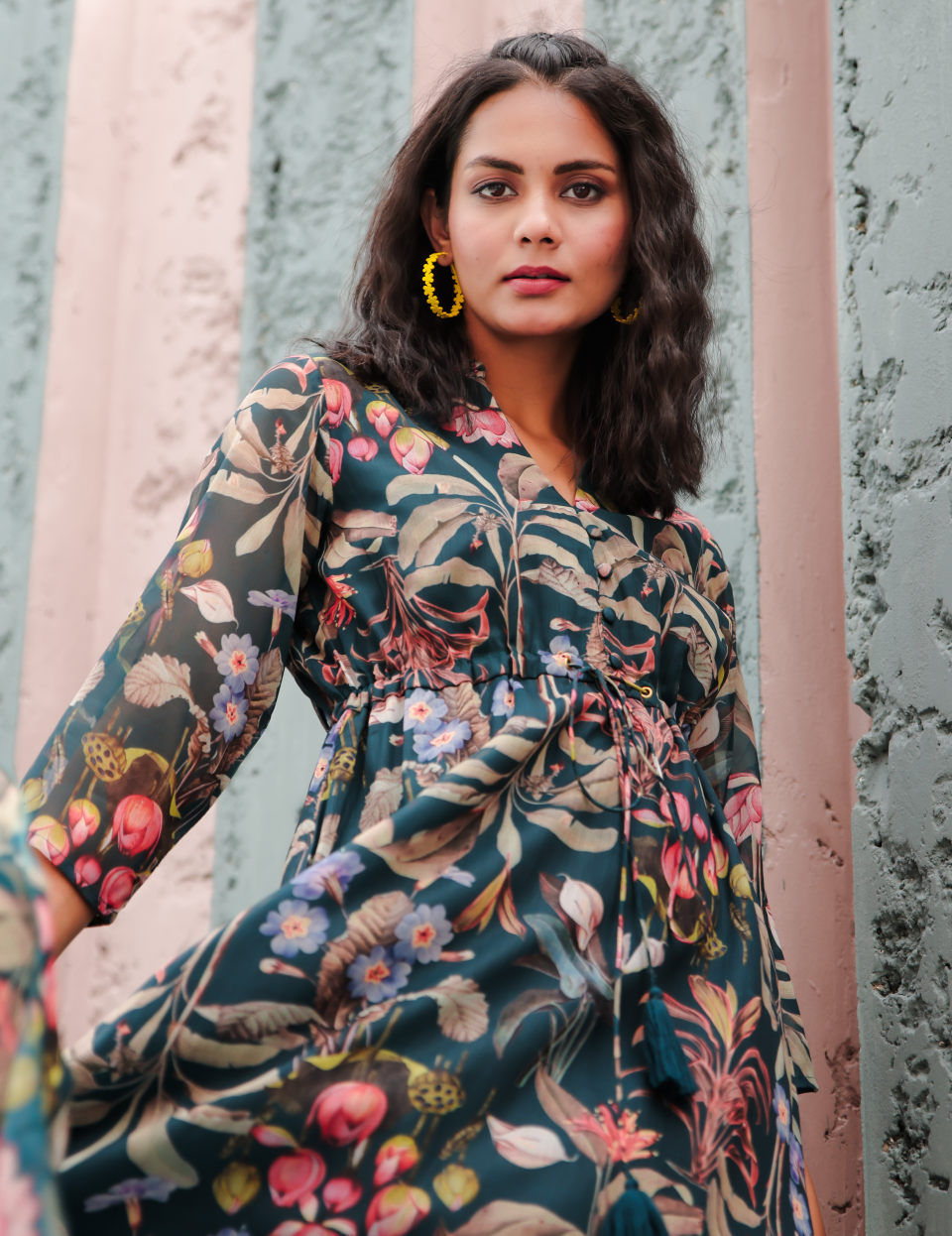 Blue Floral Printed Chiffon with Lining Gown