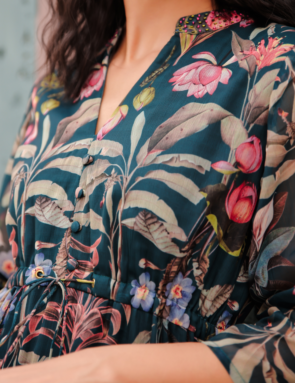 Blue Floral Printed Chiffon with Lining Gown