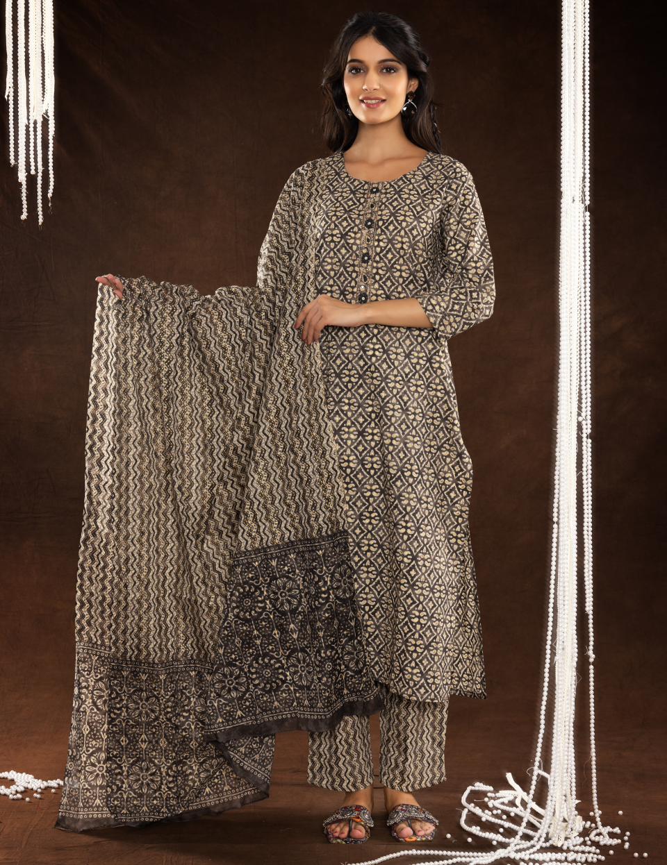 Grey Cotton Dupatta Set