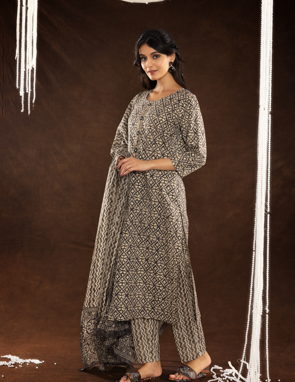 Grey Cotton Dupatta Set