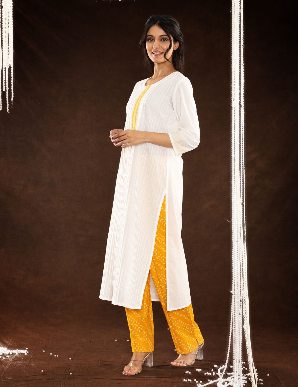 White Yellow Cotton Straight Kurti