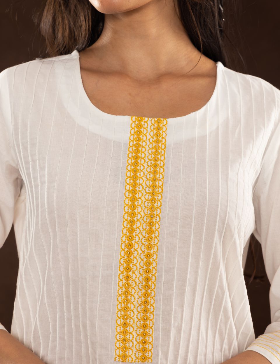 White Yellow Cotton Straight Kurti