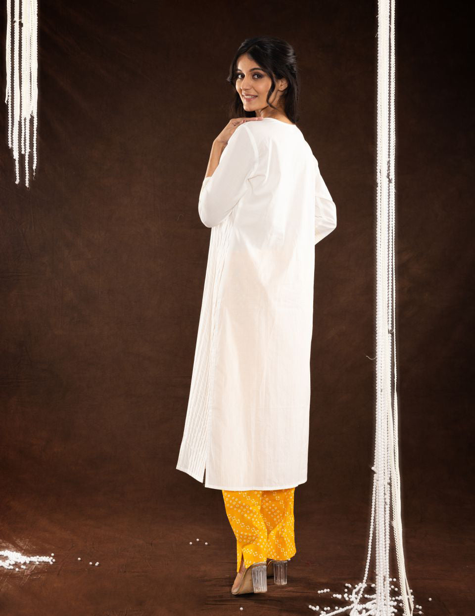 White Yellow Cotton Straight Kurti
