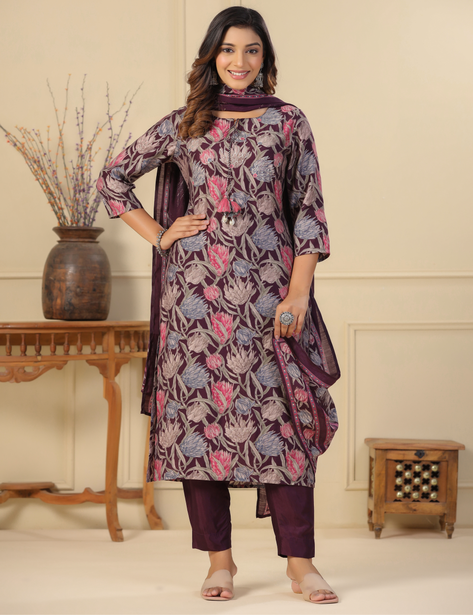 Wine Modal Dupatta Set