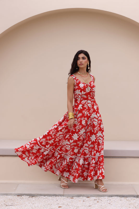 Red Floral Paradise Maxi Dress
