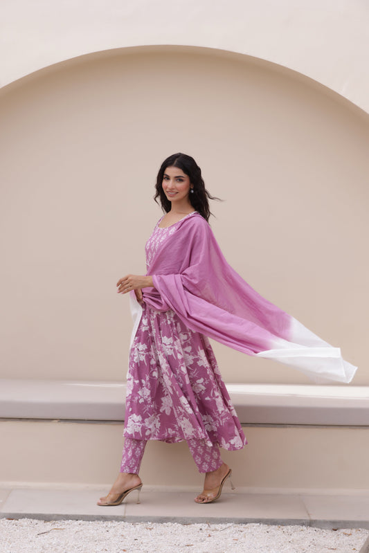 Purple Anarkali Cotton Suit Set
