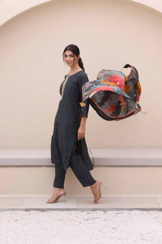 Urban Grey Cotton Silk Suit Set