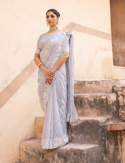 Grey Organza Silk Saree with Stone Embellishments