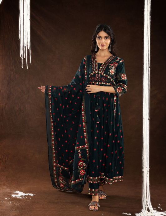 Dark Green Cotton Embroidered Suit Set