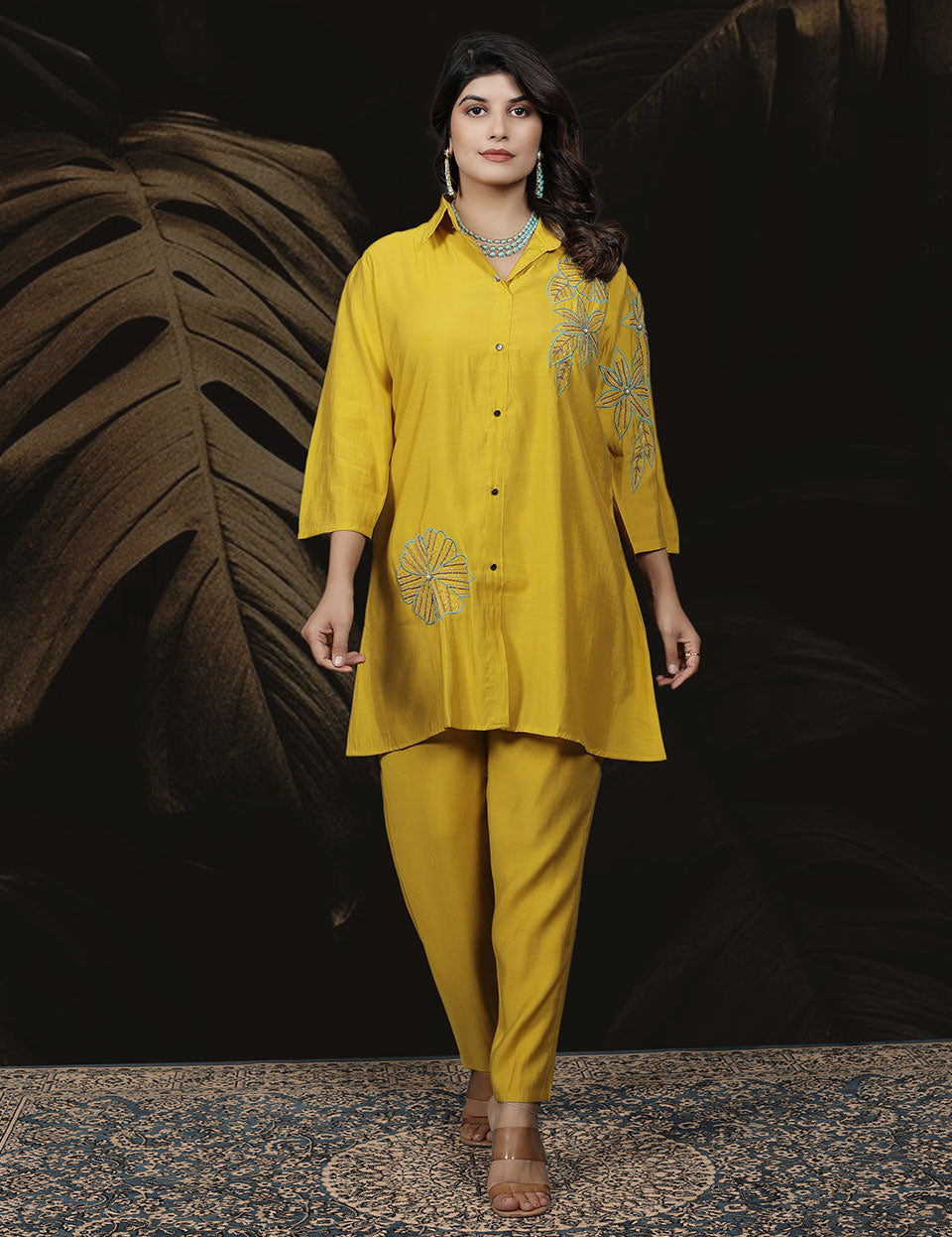 Mustard Yellow Roman Silk Embroidered CO-ORD Set