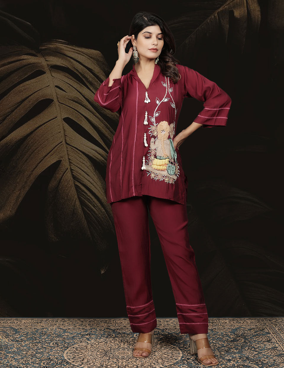 Mehroon Roman Silk Embroidered CO-ORD Set