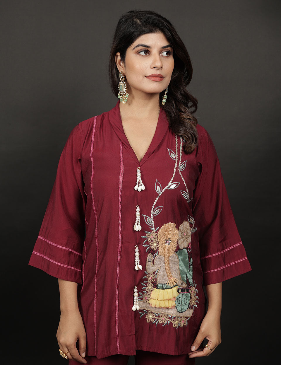 Mehroon Roman Silk Embroidered CO-ORD Set