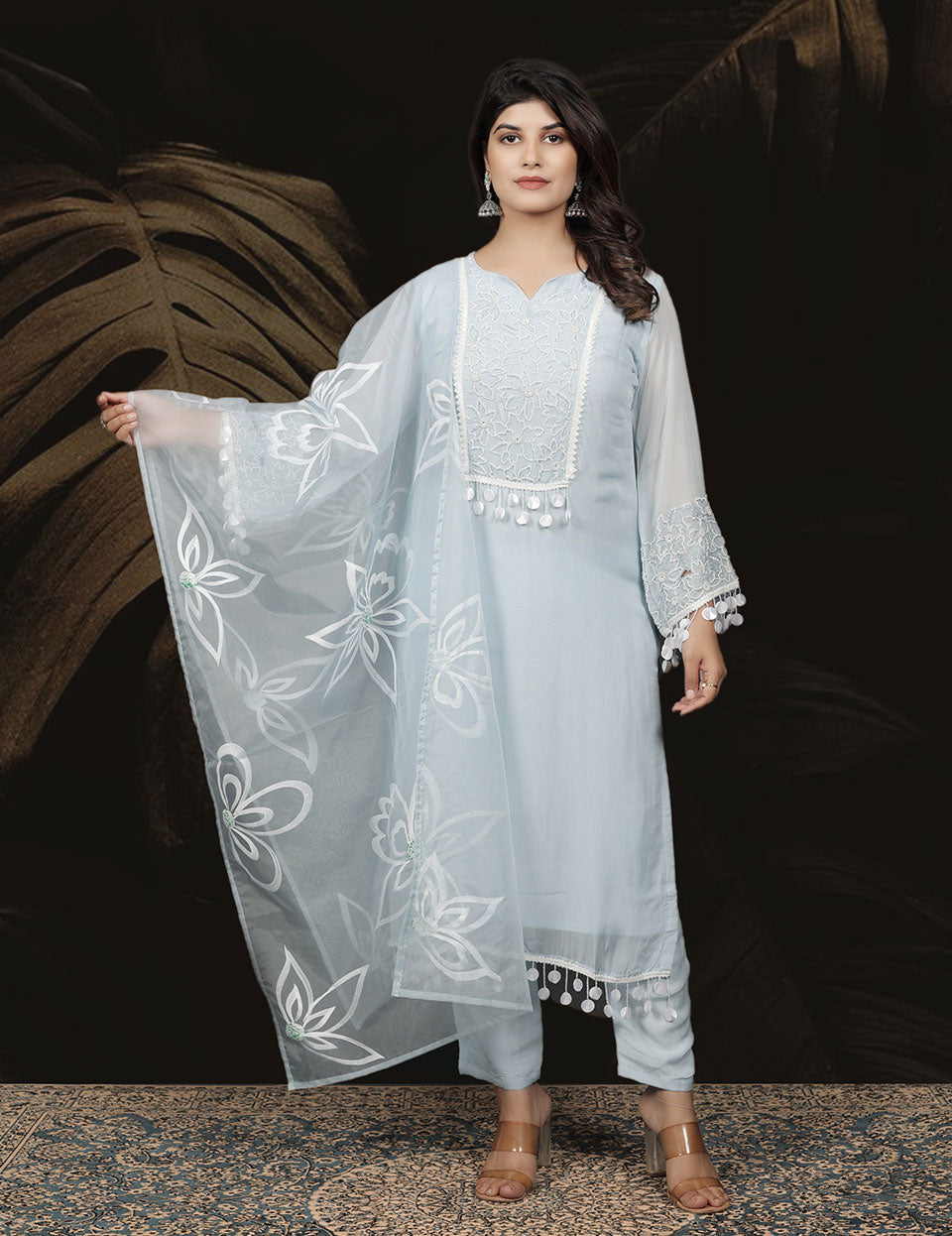 Ice Blue Chanderi Embroidered Suit Set