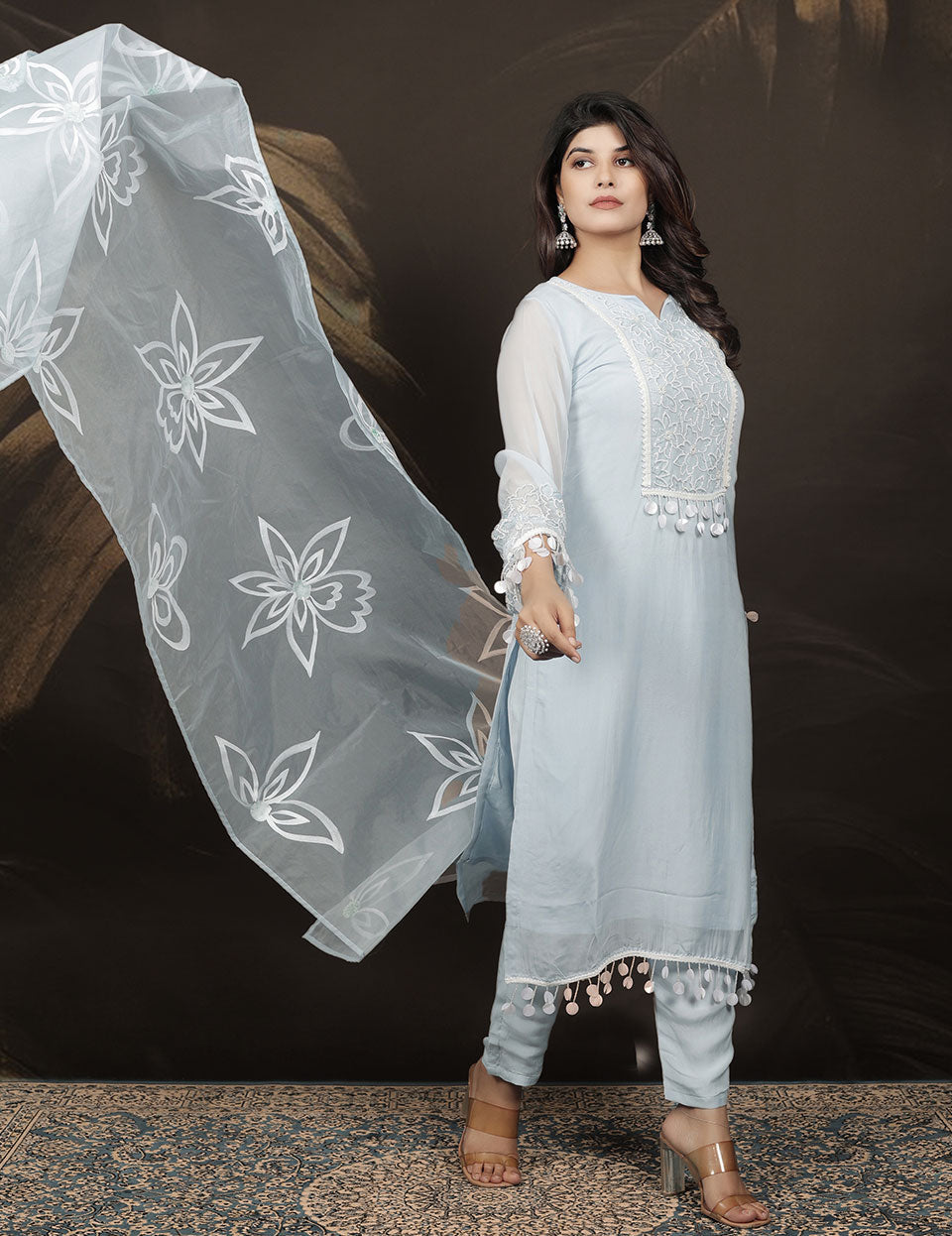 Ice Blue Chanderi Embroidered Suit Set