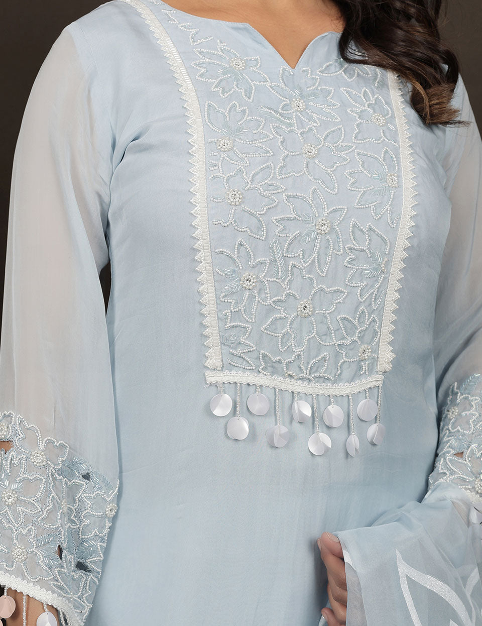 Ice Blue Chanderi Embroidered Suit Set