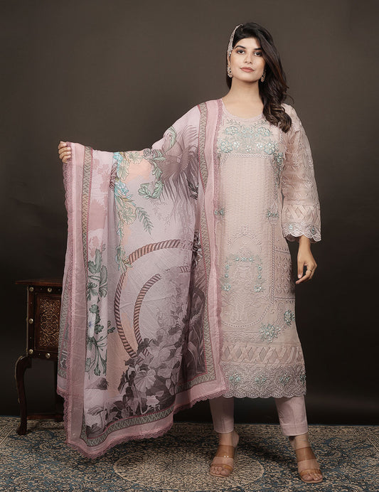 Peach Cotton Embroidered Kurti Set with Printed Dupatta