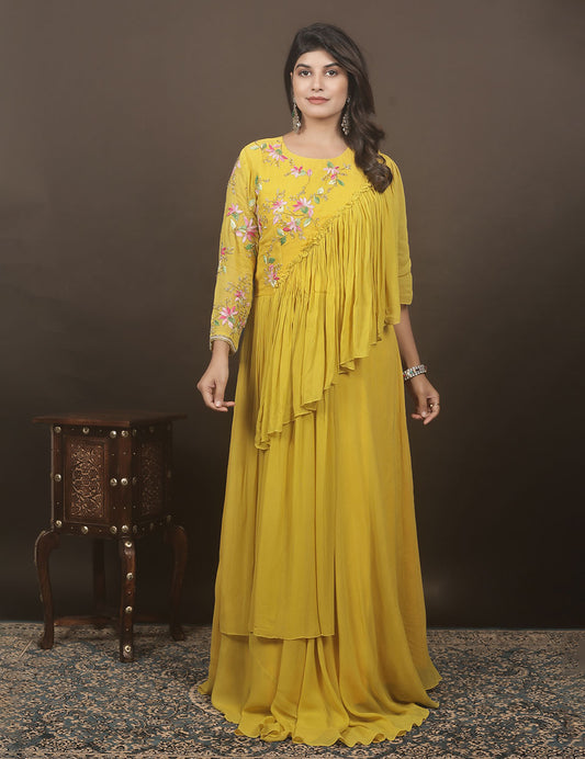 Yellow Georgette Embroidered Gown