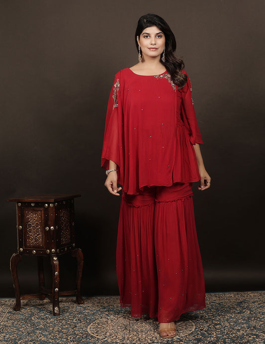 Red Chiffon Sharara Set