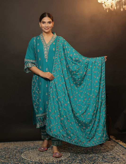 Aqua Blue Cotton Embroidered Straight Kurti