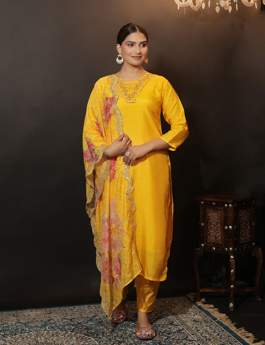 Yellow Chanderi Dupatta Set