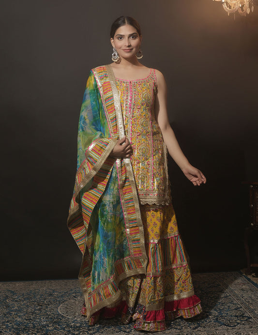 Yellow Cotton Printed Sharara Set