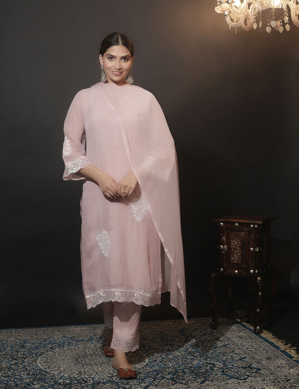 Peach Chanderi Embroidered Kurti Set