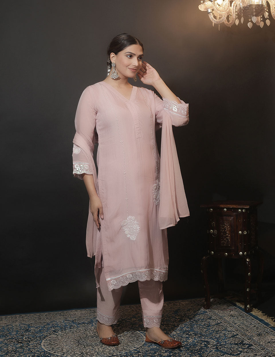 Peach Chanderi Embroidered Kurti Set