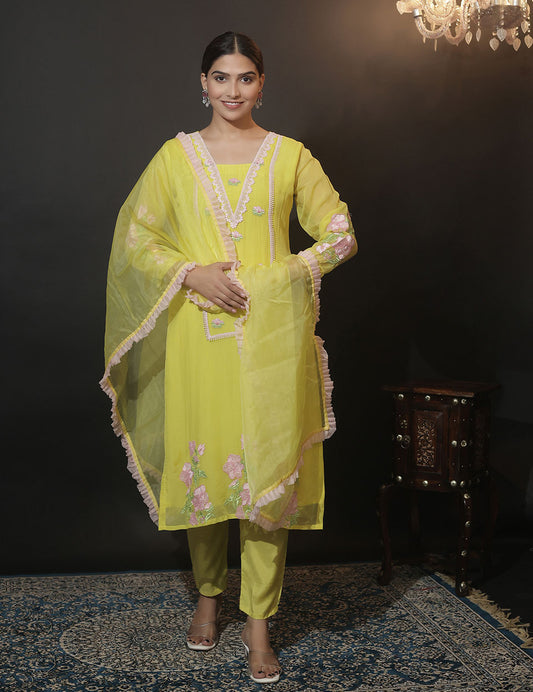 Lemon Chanderi Floral Embroidered Kurti Set