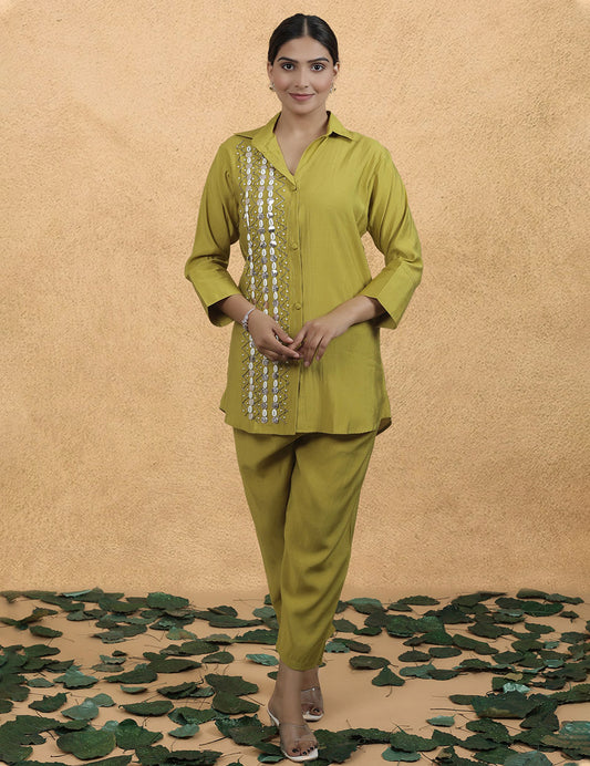 Light Mehendi Roman Silk CO-ORD Set