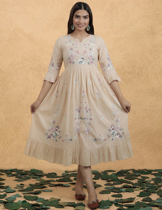 Cream Cotton Kurti with Flowers