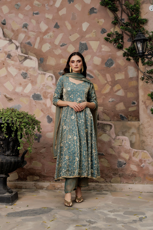 Teal Green Floral Zari Anarkali Suit