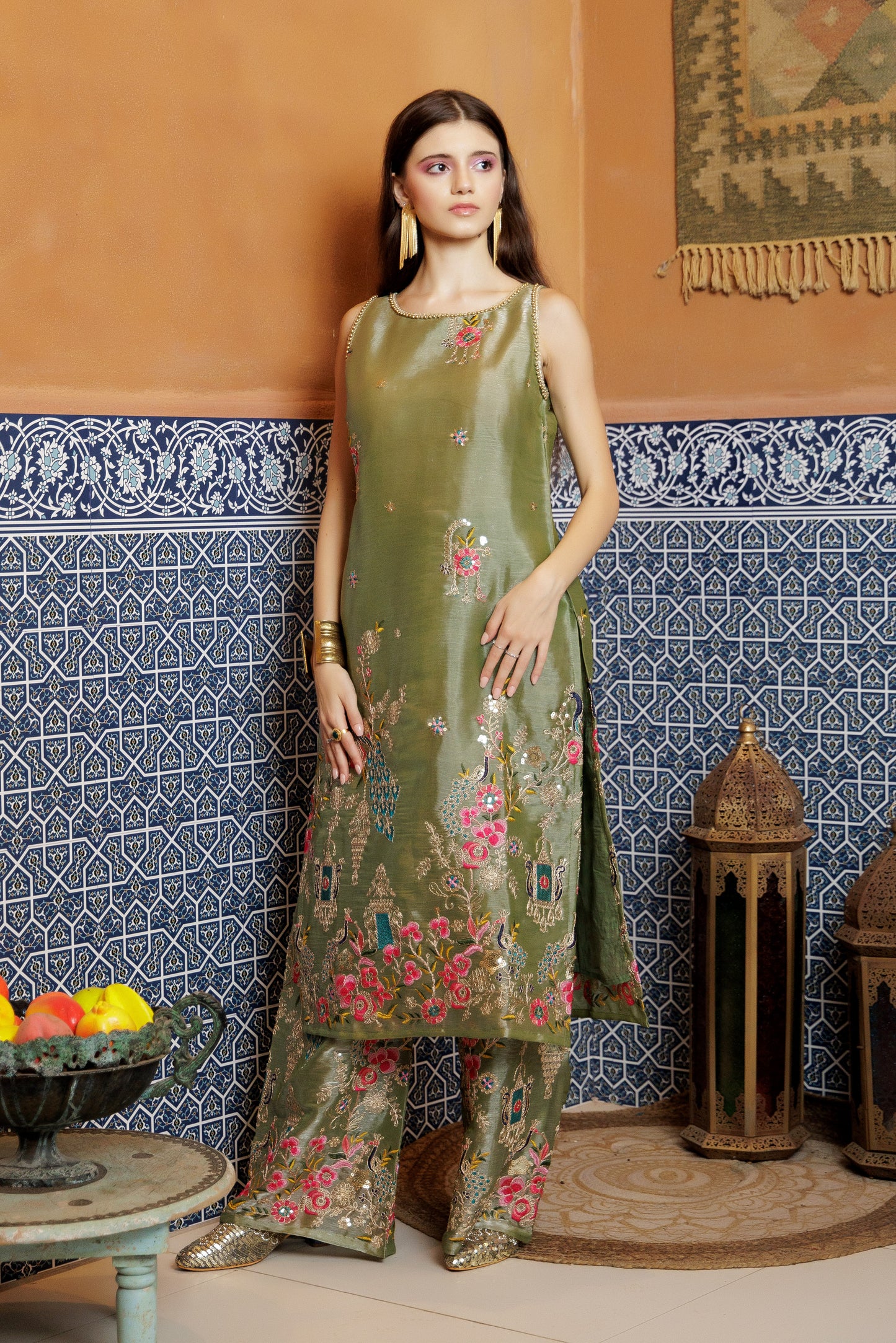 Sage Peacock Embroidered S