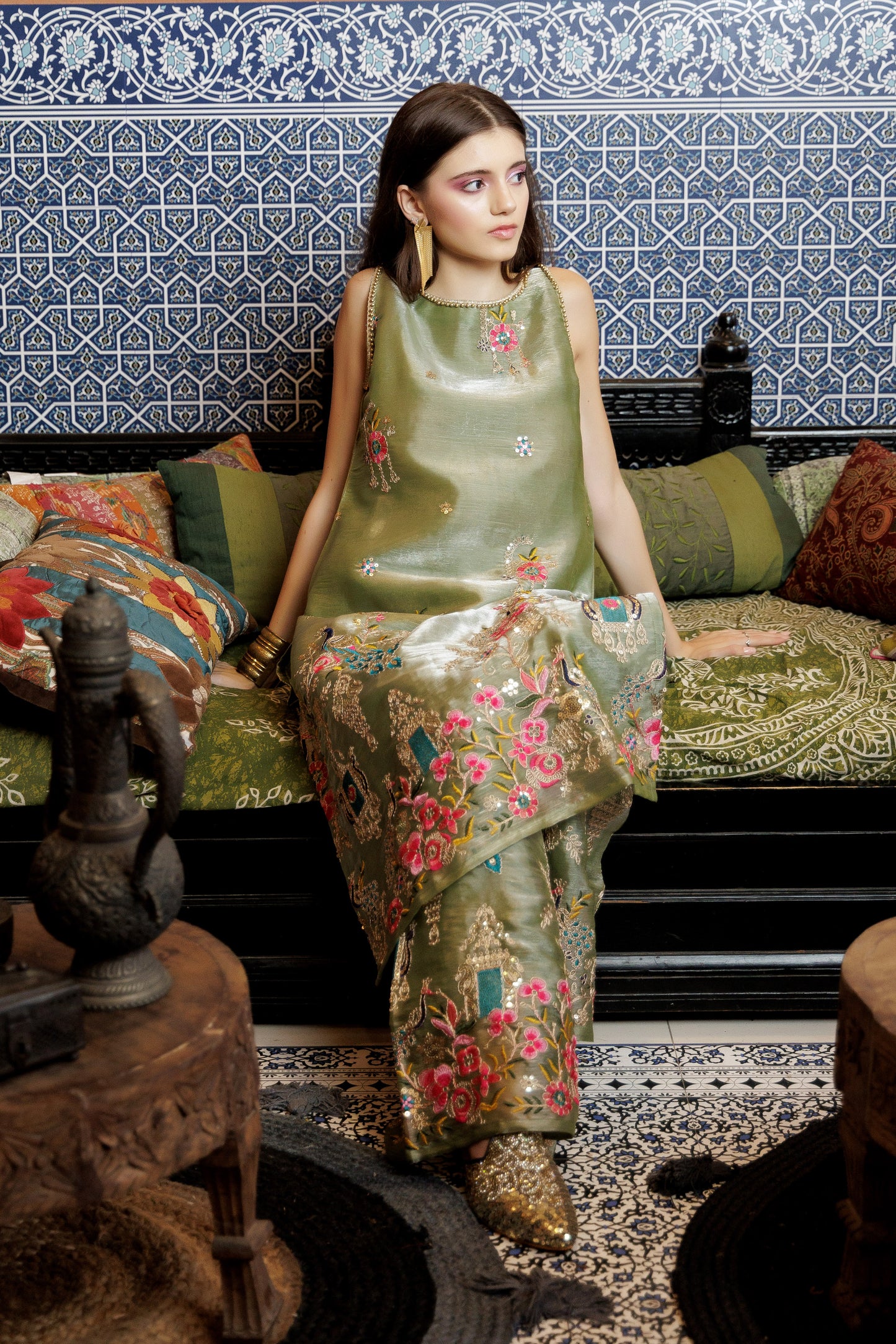 Sage Peacock Embroidered S