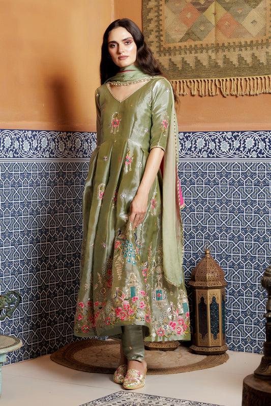 Olive Peacock Anarkali Suit Set