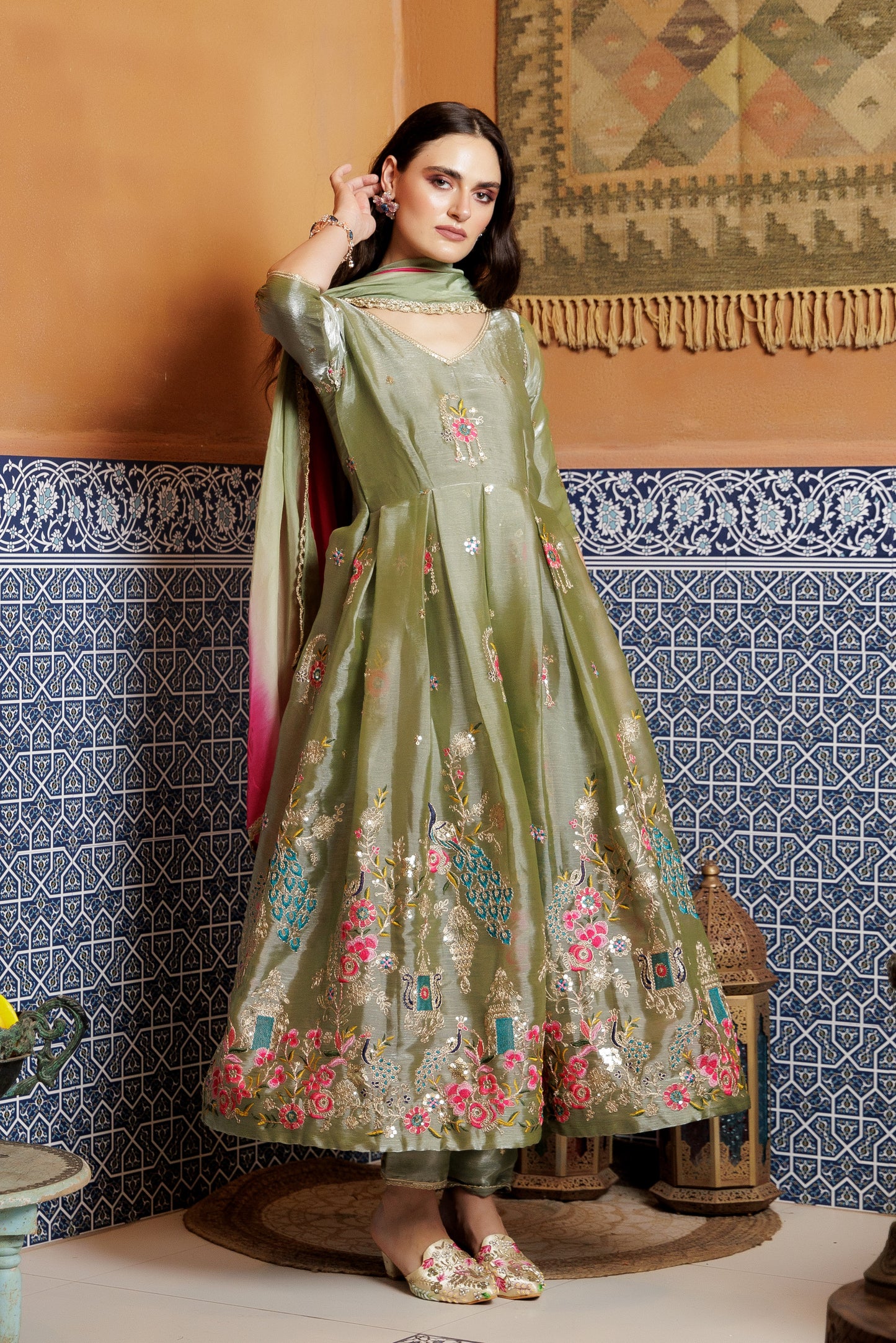 Olive Peacock Anarkali Suit Set