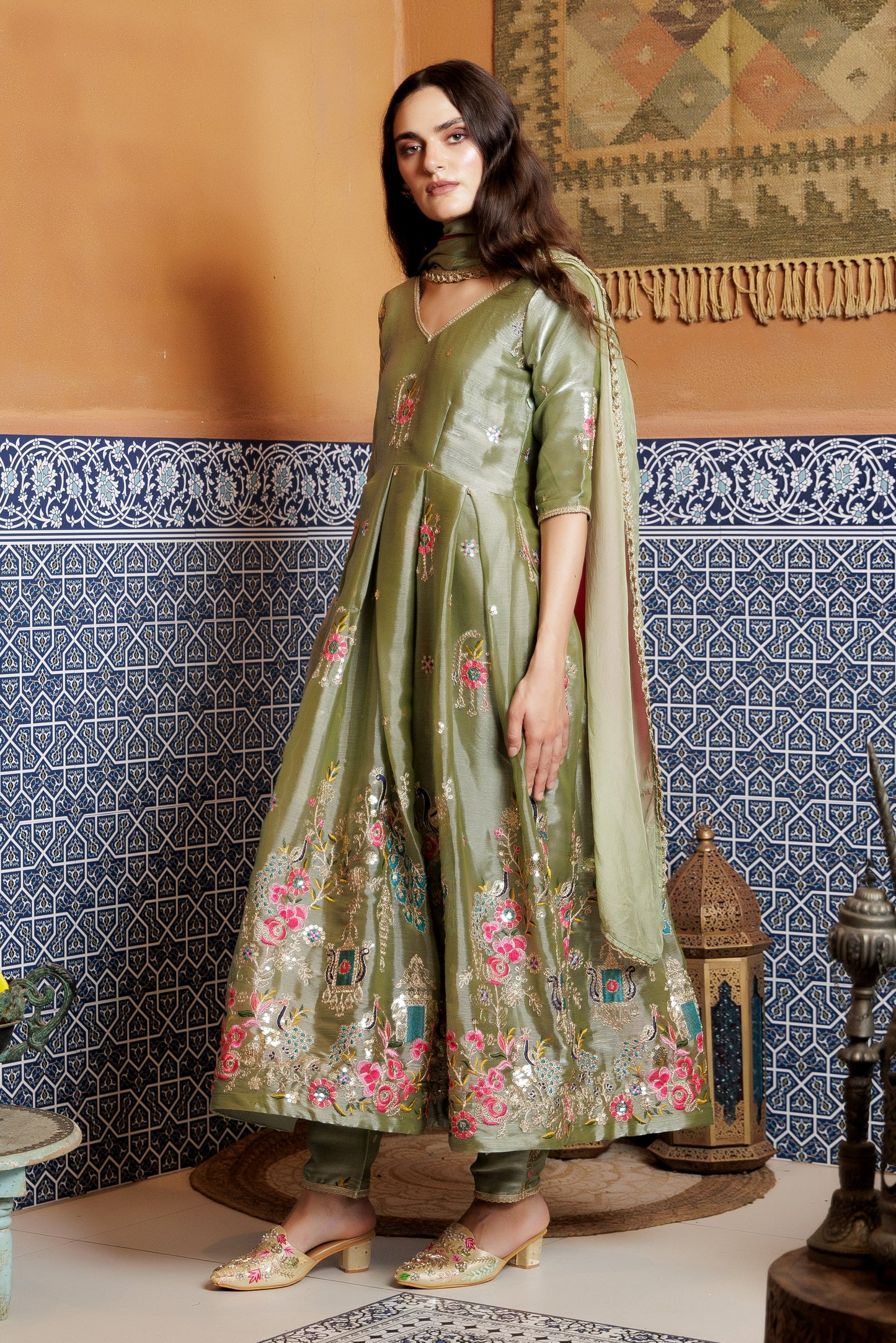 Olive Peacock Anarkali Suit Set