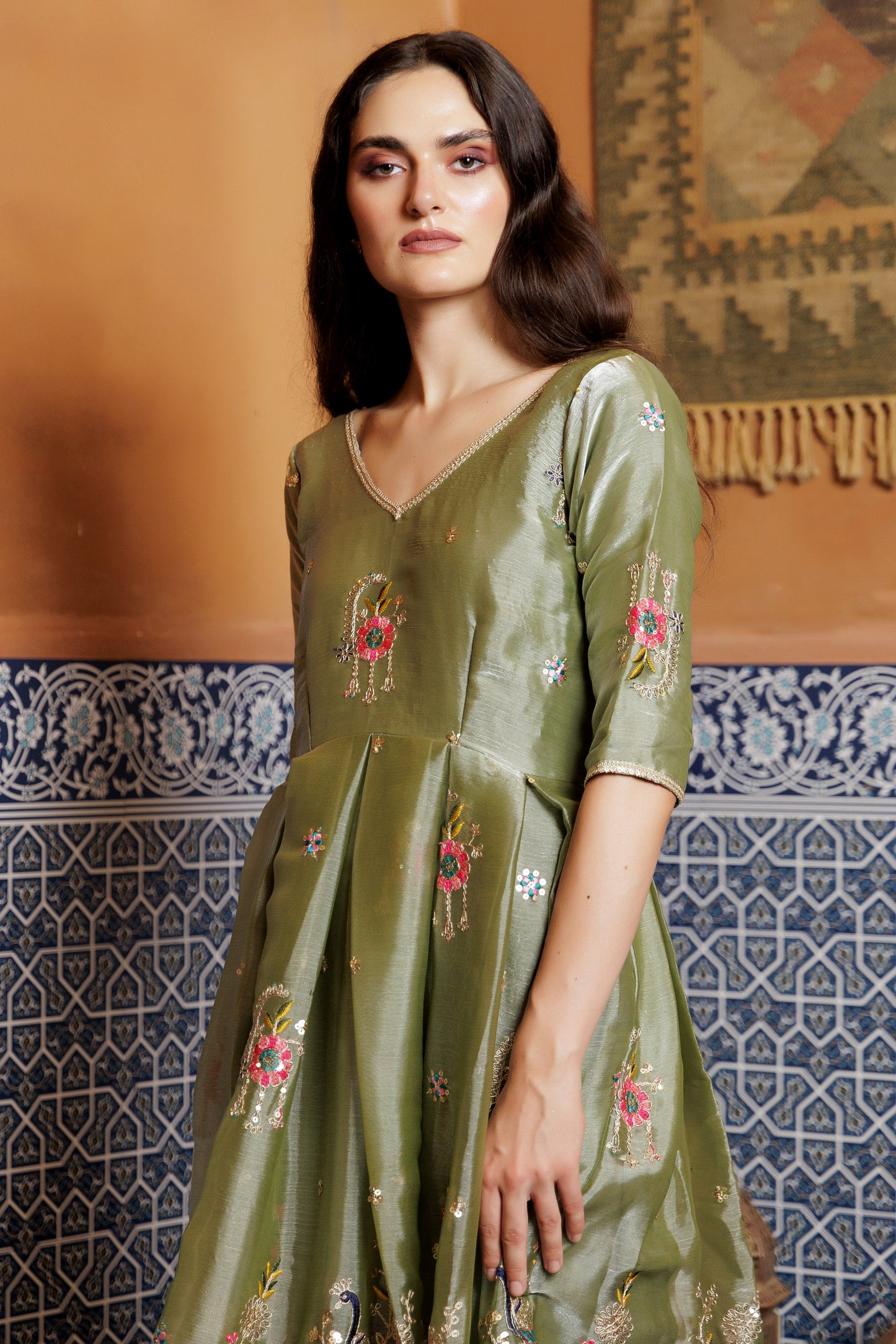 Olive Peacock Anarkali Suit Set
