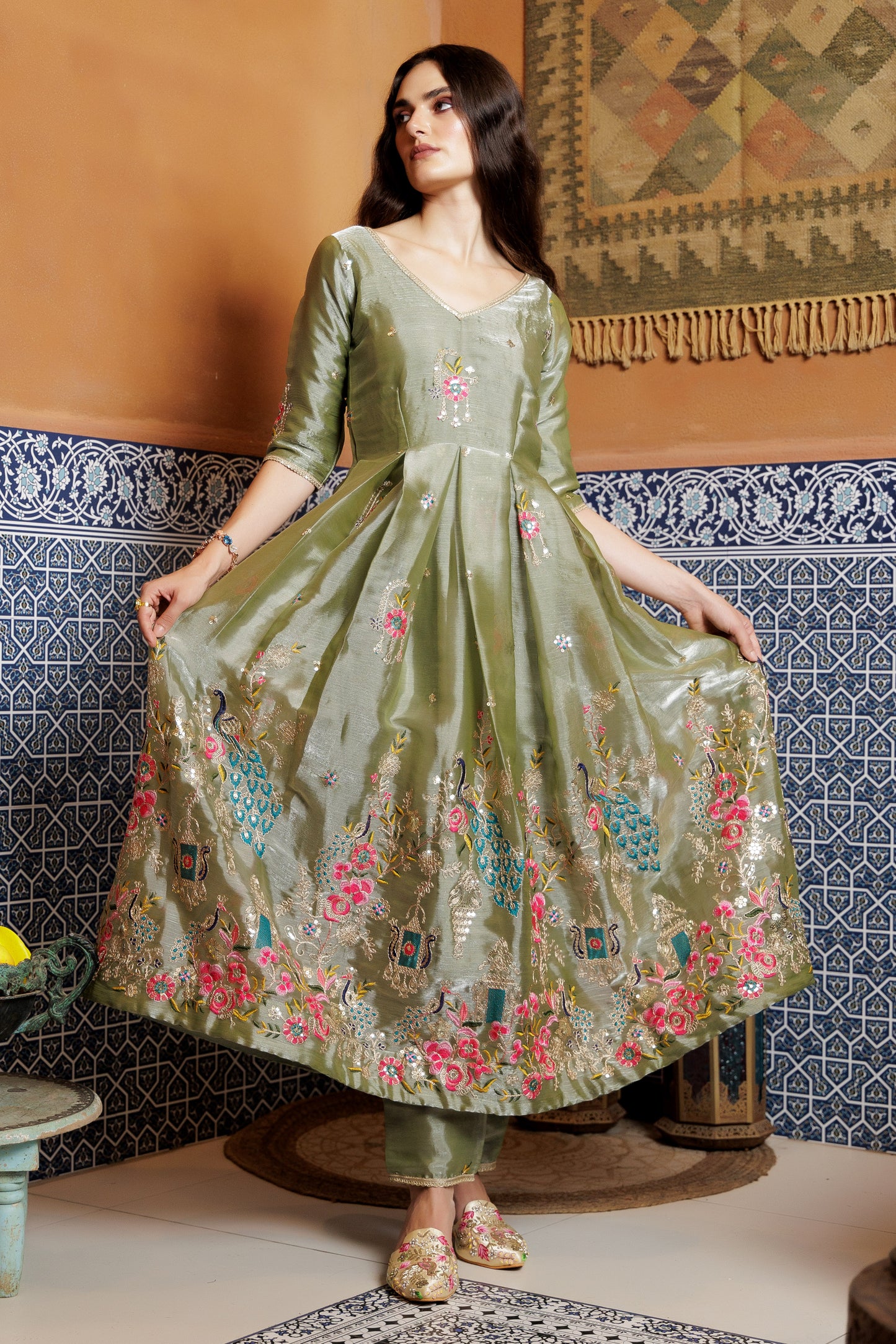 Olive Peacock Anarkali Suit Set